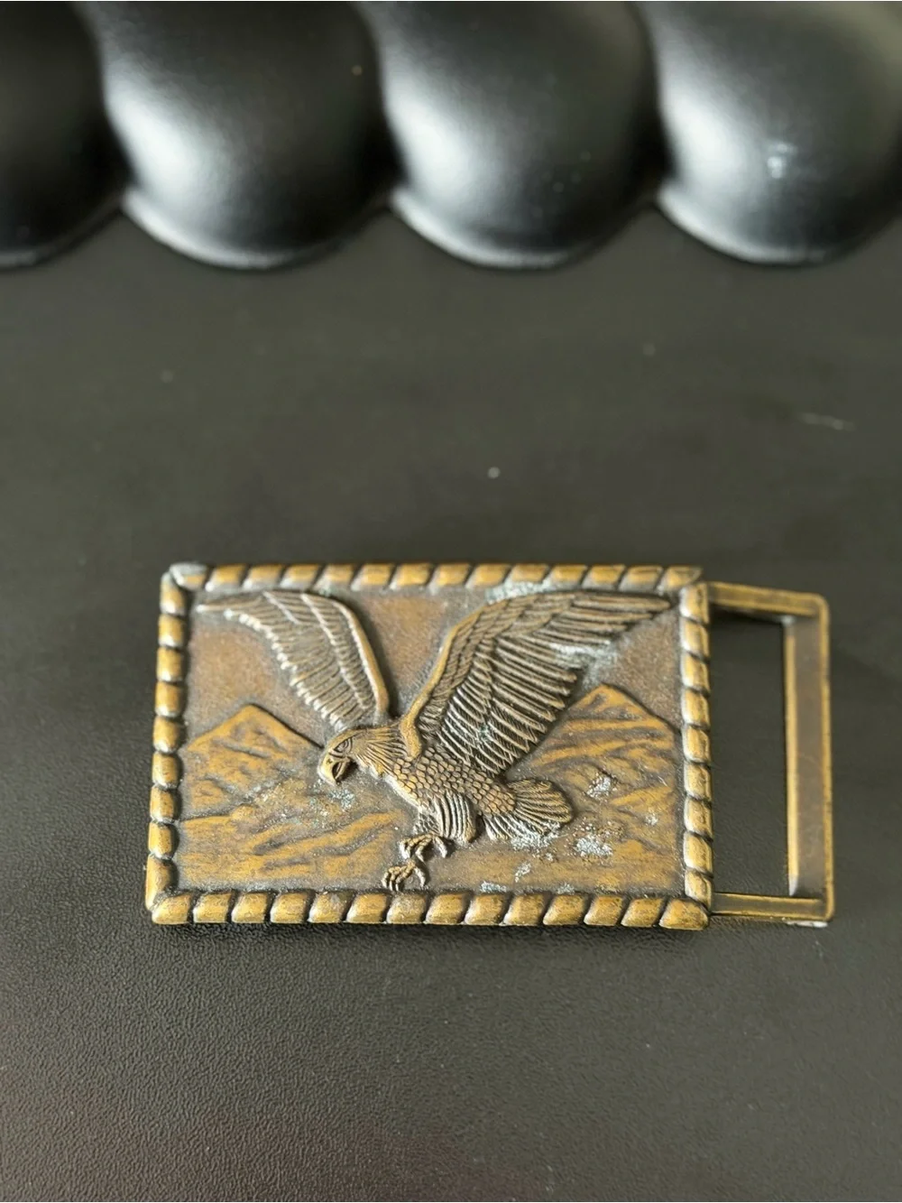 Vintage Bald Eagle Belt Buckle Mountain Scene Western Americana Antique Gold